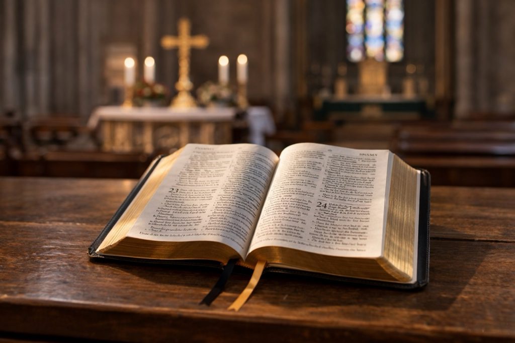 Aufgeschlagene Bibel in der Kirche